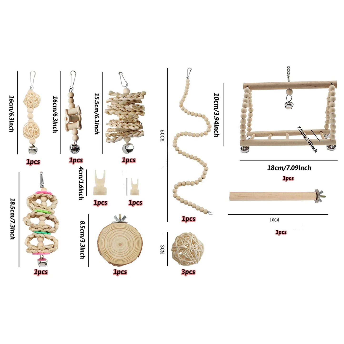 Pack des jouets pour oiseaux en bois massif