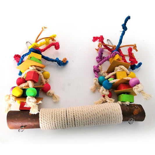 Perchoir en bois et cuir pour perroquet